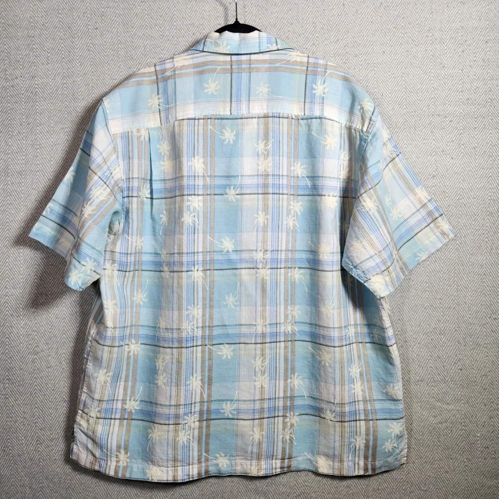 Caribbean Blue Plaid Palm Trees Men's XL Button Down Shirt - Picture 3 of 8